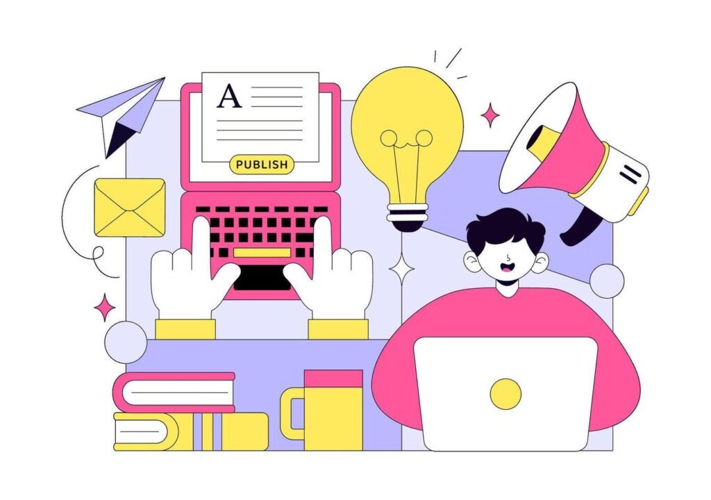 blog-marketing-illustration-presenting-digital-content-creation-media-posting-strategy-website-management-flat-graphic-background-vector